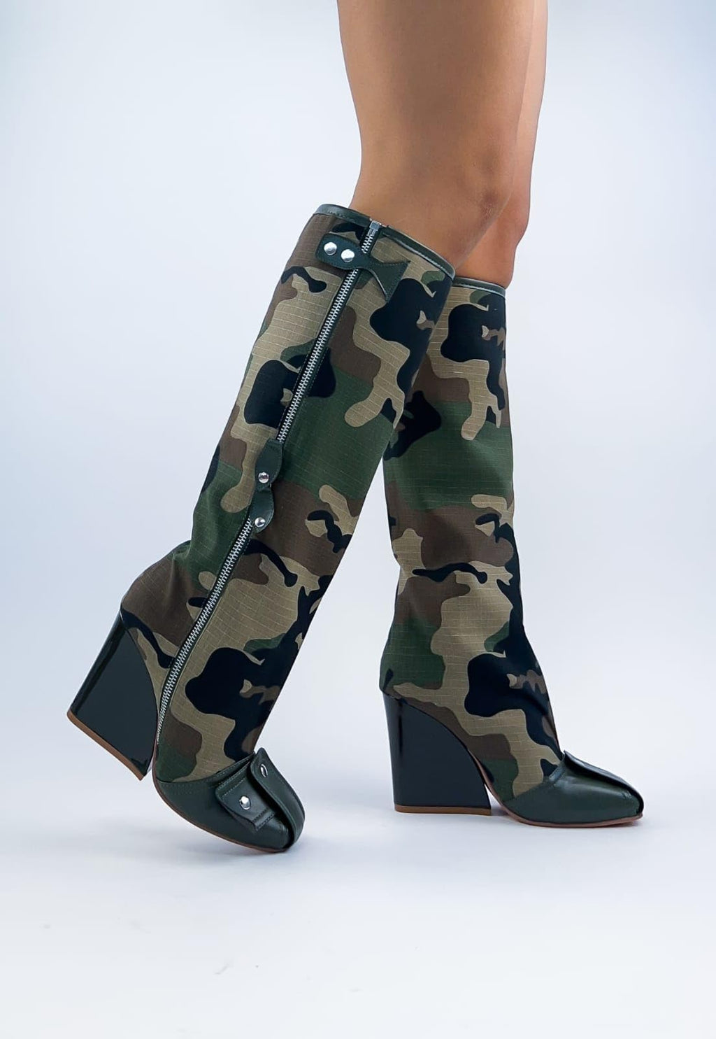 LEMONADE Women's Buckle Detail Square Toe Wedge Heel Knee High Long Boot﻿ Senna Camo