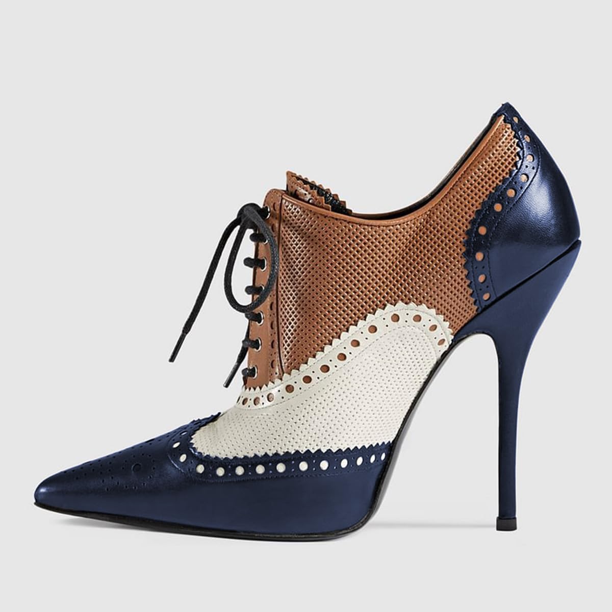 Maiyang Women Pointed Toe Wingtip Oxfords Brogues Boots Lace up Stiletto High Heel Party Event Dating Ankle Boots Size 8 Blue Multi