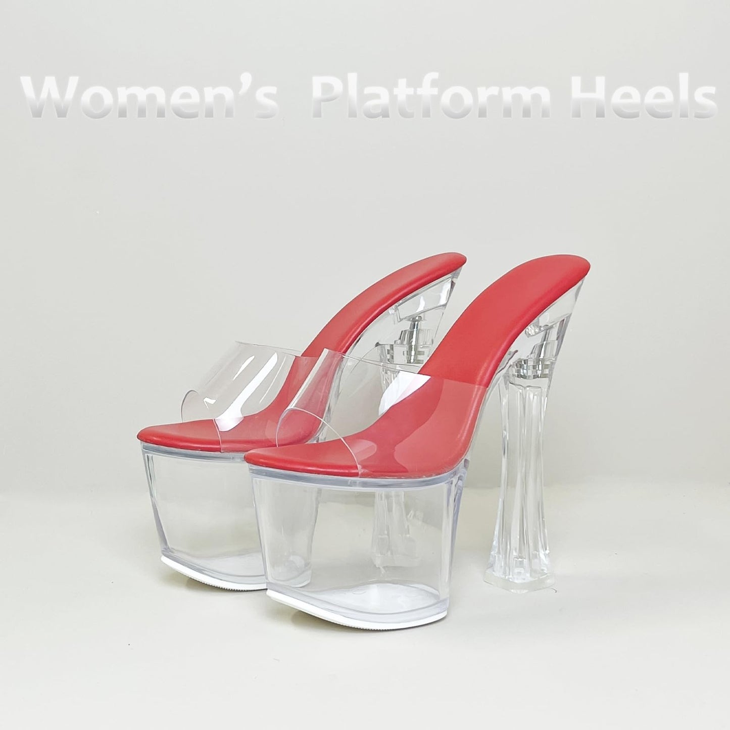 Baffoloo Womens's Clear Platform Heels for Women Sky High Slide Chunky Sexy 6-Inch Heeled Dancing Sandals Red