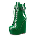 Aachcol Women Wedge Platform High Heel Ankle Boots Short Bootie Round Close Toe Lace-up Shoes Rivets Buckle Patent Deep Green 6 Inch