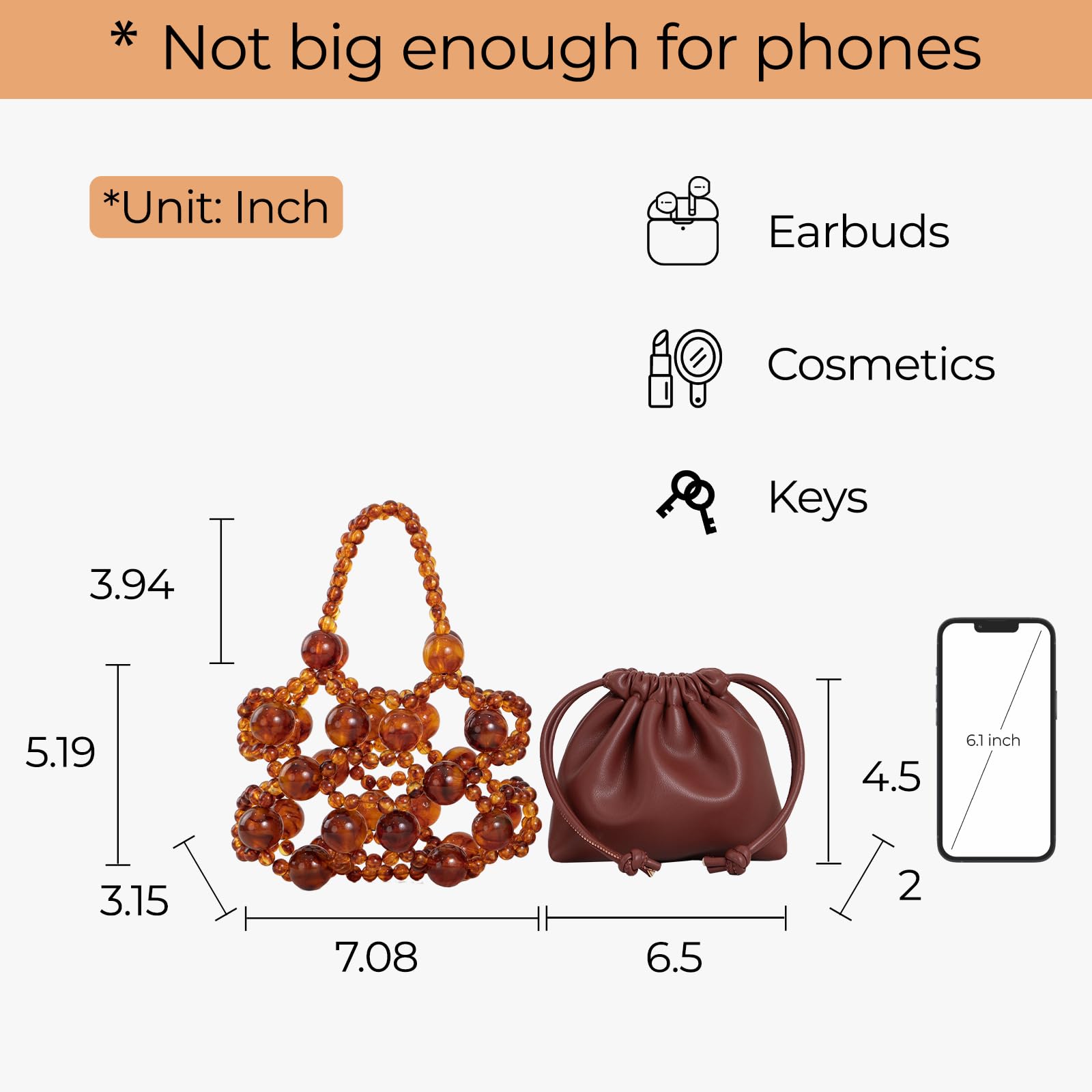 frrbuu Women's brown leather shoulder bag with amber bead decoration, Bohemian women's crossbody bag, cute little handbag (brown)