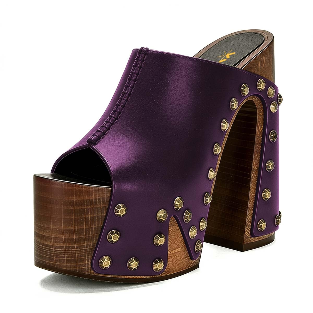 XYD Women Wooden Chunky Heel Mules Platform Bronzed Studs Open Toe Block Sandals Vintage Parties Shoes (Size 7.5, Purple)