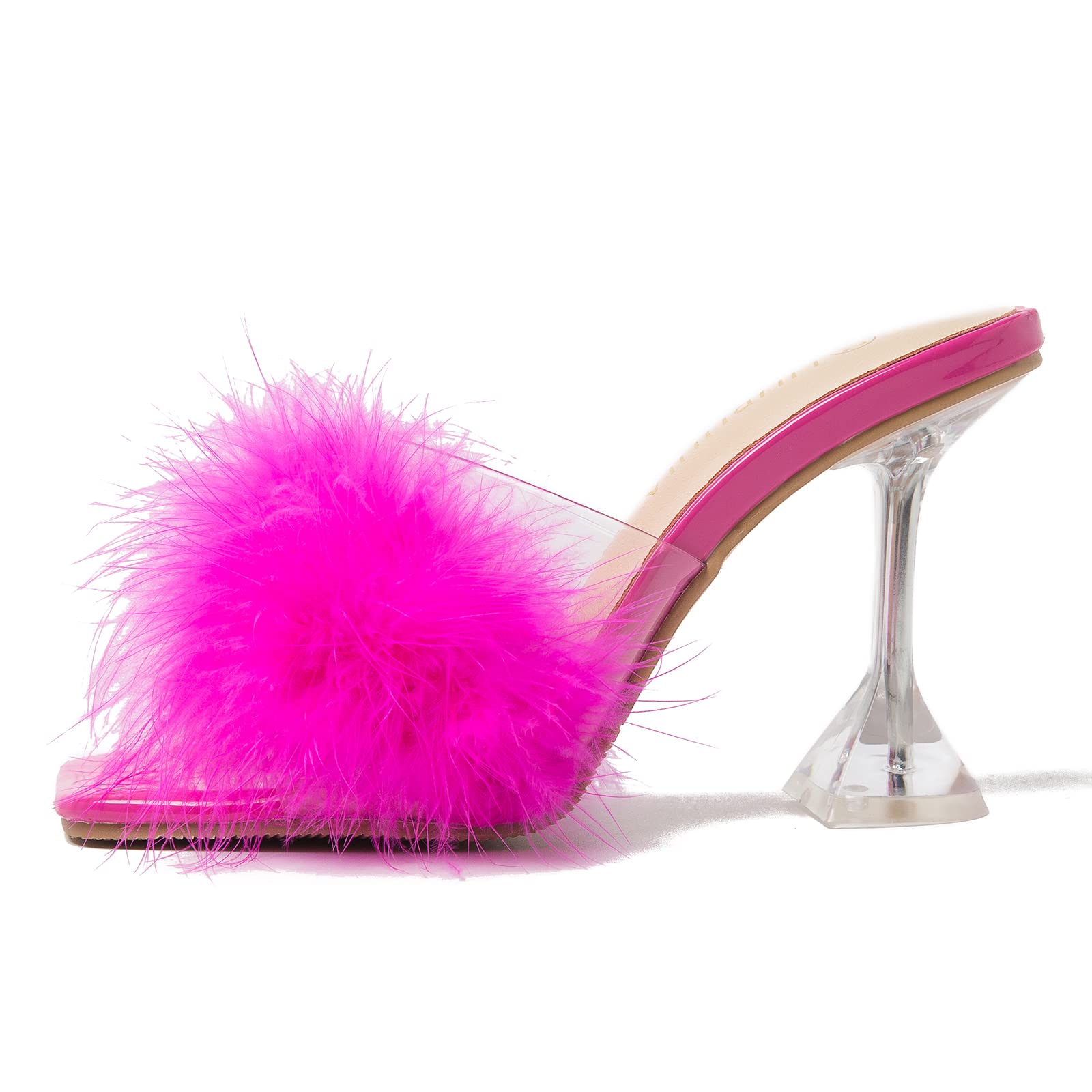 LIURUIJIA Women's Square Toe Feather Fluffy Fuzzy Heels High Heeled Dress Sandals Wedding Bridal Party Shoes Hot pink