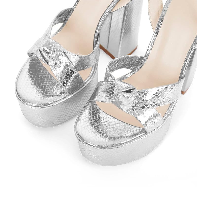 Onlymaker Platform Heels for Women Sexy Ankle Strap Chunky High Heeled Sandals Sparkly Metallic Silver 5 inch High Block Heel Platform Chunky Heels for Wedding Party Prom Dressy Size 8