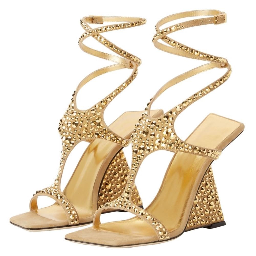 Kluolandi Women's Wedge Heeled Sandals Open Toe Criss-cross Strappy Sandals Heels Party Dress Shoes Yellow Crystal Heels