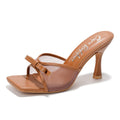 Cape Robbin Women's Slip On Square Toe Mid Heels with Bow Detail and Breathable Mesh Upper - Comfortable Low Heel Sandals for Women Dressy (Manon) Tan