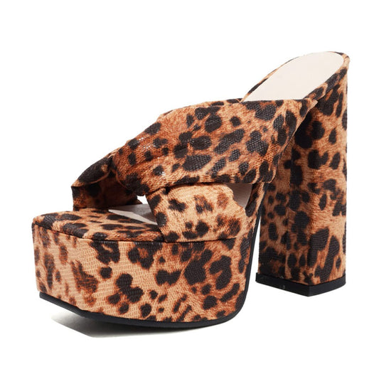 CoceMoce Gorgeous Thick Chunky High Heel Platform Pumps Leopard for Women Square Open Toe Cross-Band Backless Slip-On Summer Dress Shoes Ballroom Dancing Club Evening Party Size 10 US