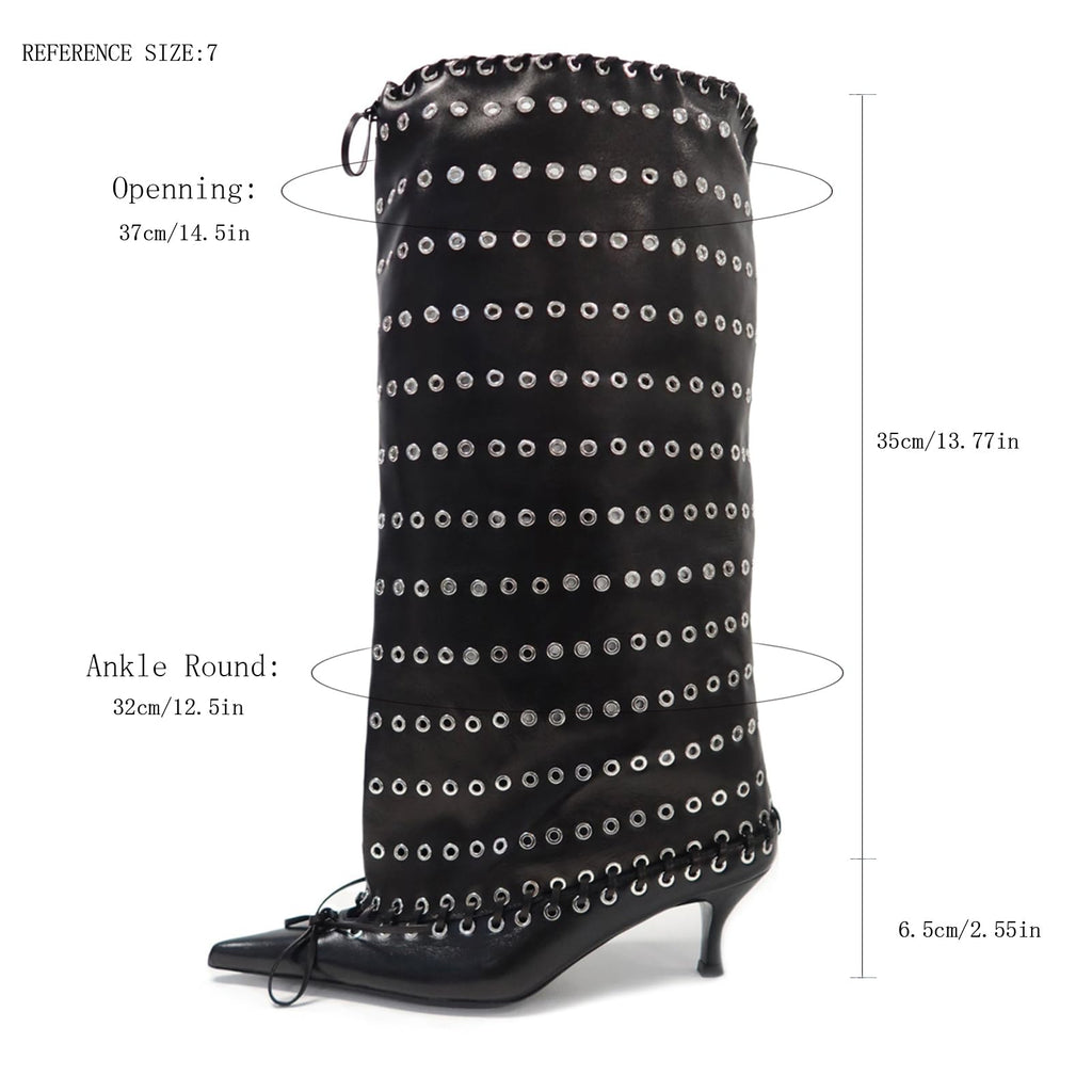 Goolita Women's Pointed Toe Metal Eyelets Knee High Boots Kitten Heel Lace Up Bow Slip on Wide Calf Tall Boots