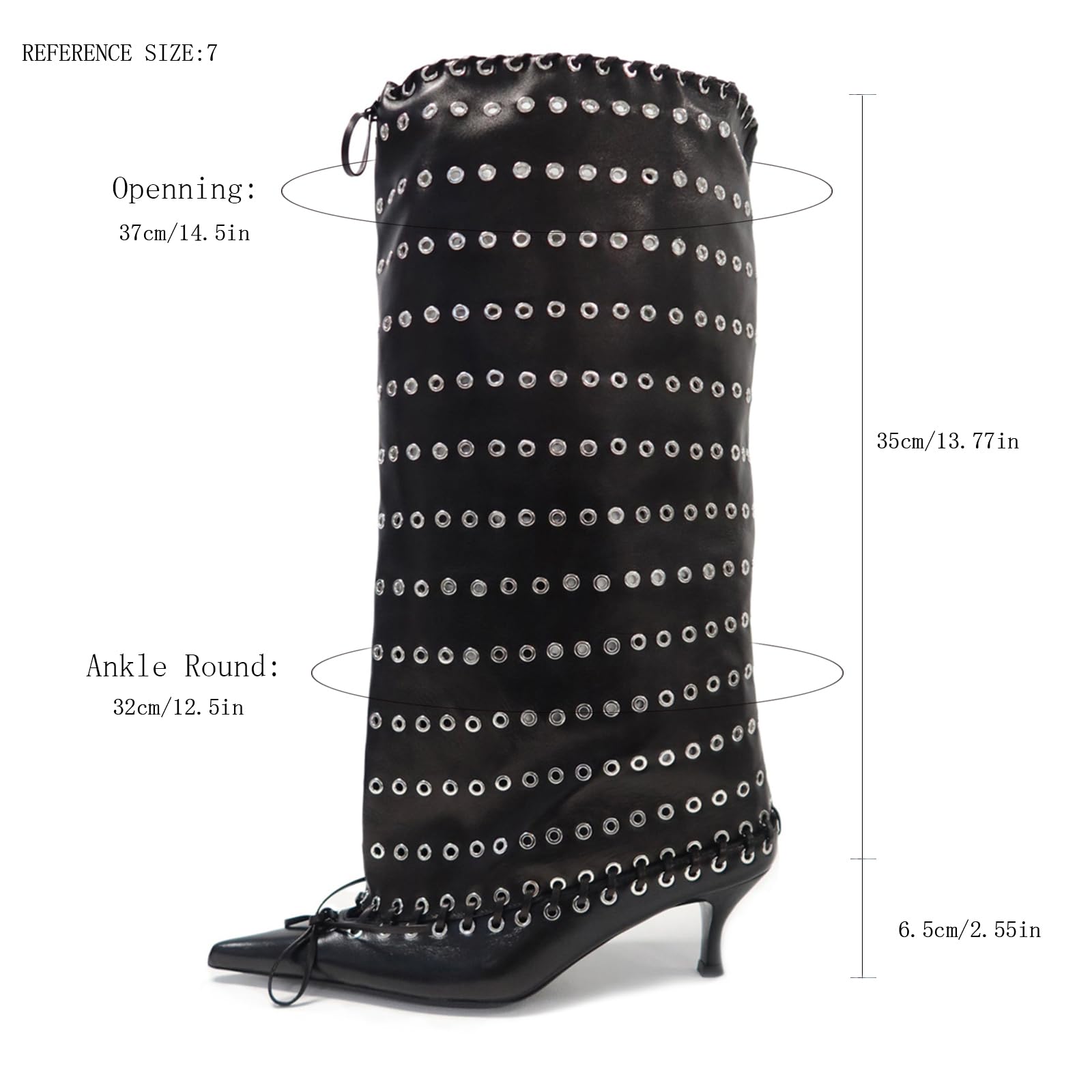 Goolita Women's Pointed Toe Metal Eyelets Knee High Boots Kitten Heel Lace Up Bow Slip on Wide Calf Tall Boots