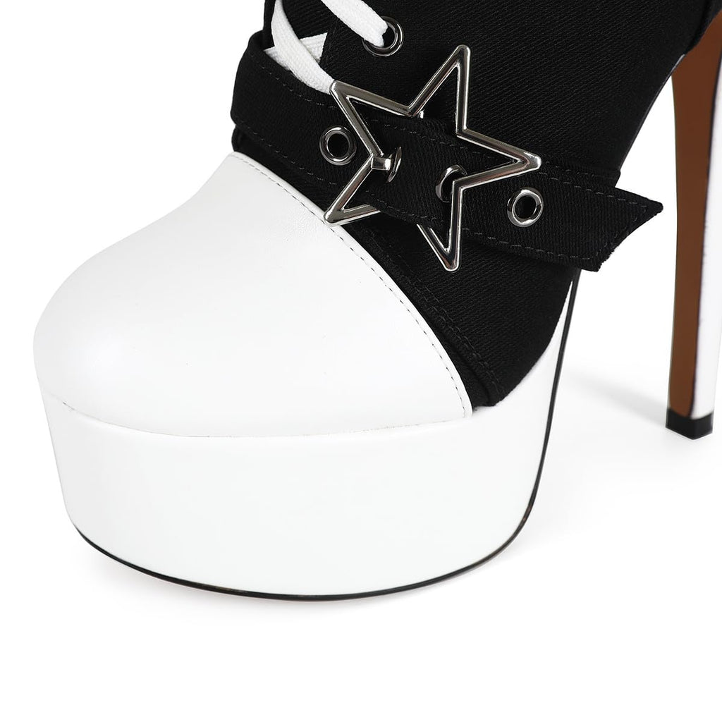 Feinlina Women's Canvas Knee High Round Toe Boots Y2K Gothic Punk Lace Up Platform Stiletto Heels Club Party Booties with Star Buckle,Black