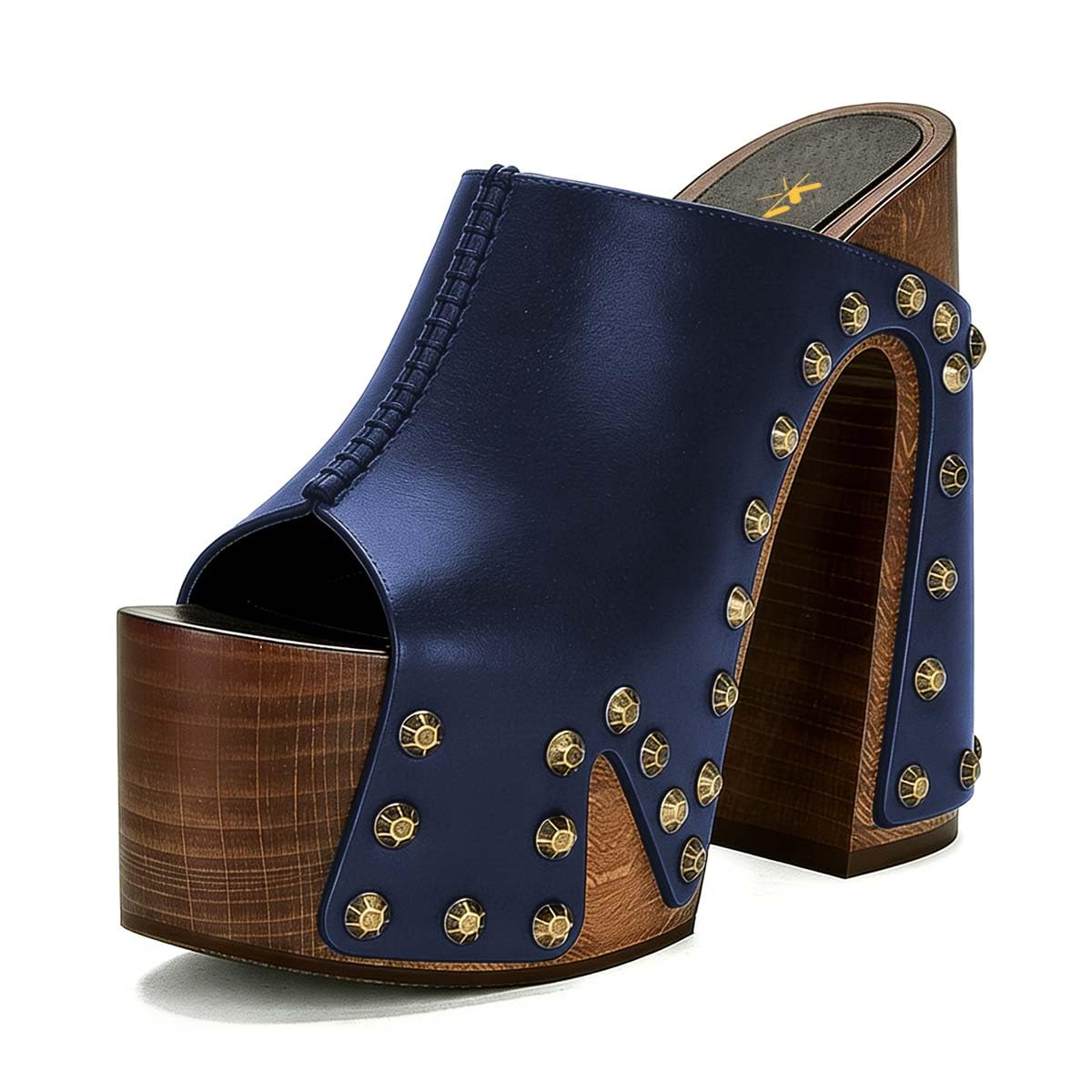 XYD Women Wooden Chunky Heel Mules Platform Bronzed Studs Open Toe Block Sandals Vintage Parties Shoes (Size 7.5, Navy)