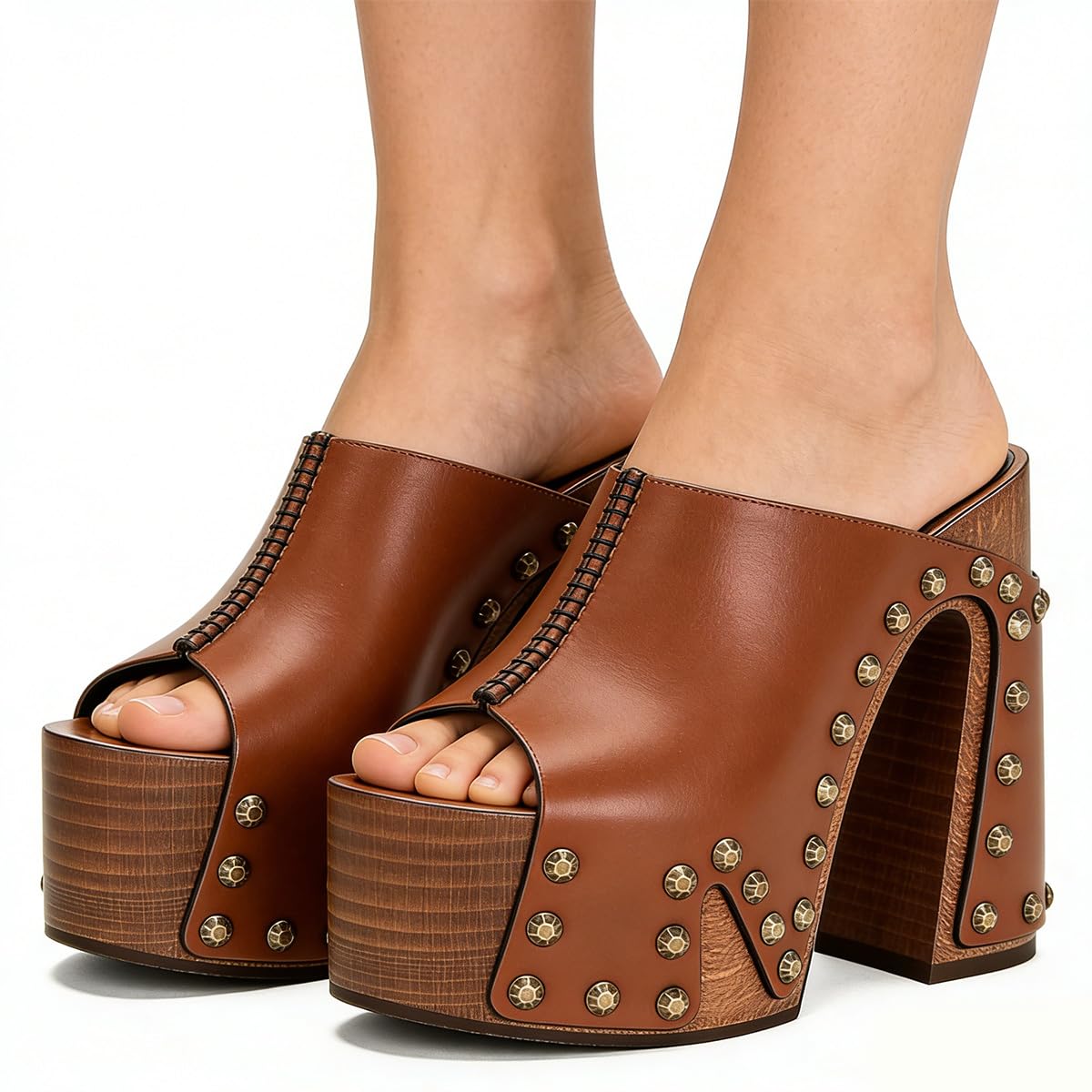 XYD Women Wooden Chunky Heel Mules Platform Bronzed Studs Open Toe Block Sandals Vintage Parties Shoes (Size 7.5, Brown)