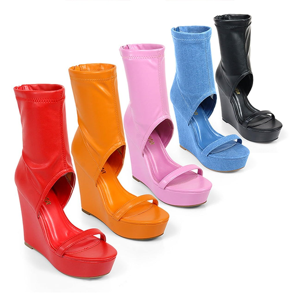 Liliana Womens Peep Open Toe Wedge Bootie Platform Wedge Heel Peep toe Boots Rhona 54 Red 8.5