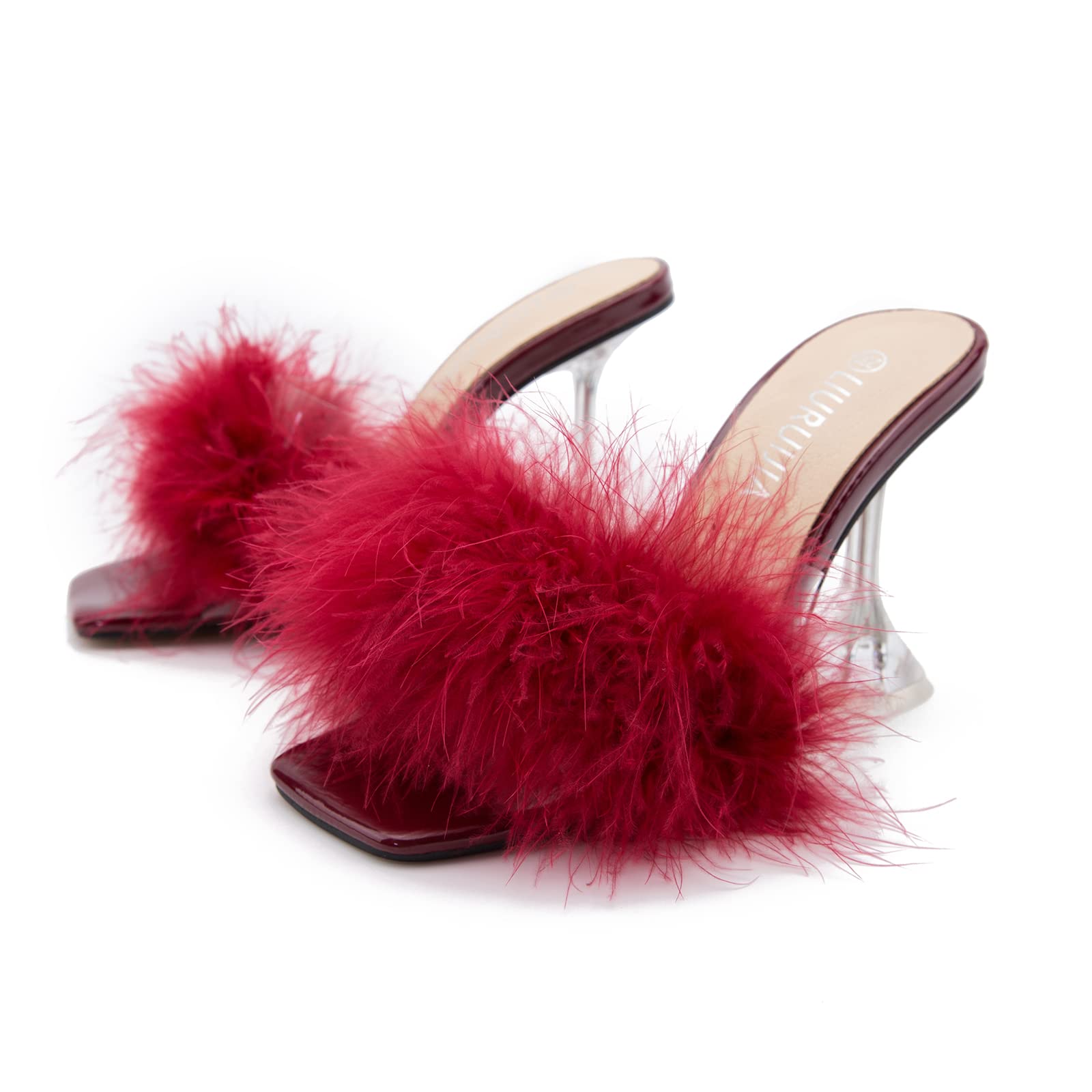 LIURUIJIA Feather High Heel Mules Sandals for Women Slip On Square Toe Clear Tapered Chunky Heels Fuzzy Fluffy Bridal Wedding Party Sexy Shoes Wine Red