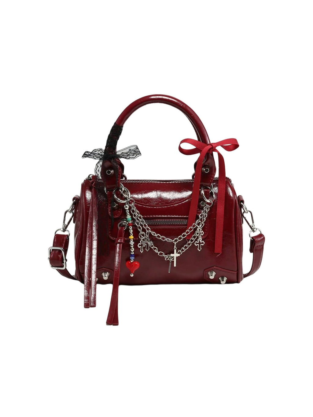 RoseSeek Women's Y2k Rivets Bag with Bowknot Beaded Chain Decor Cute Crossbody Bag Handbags Burgundy One Size