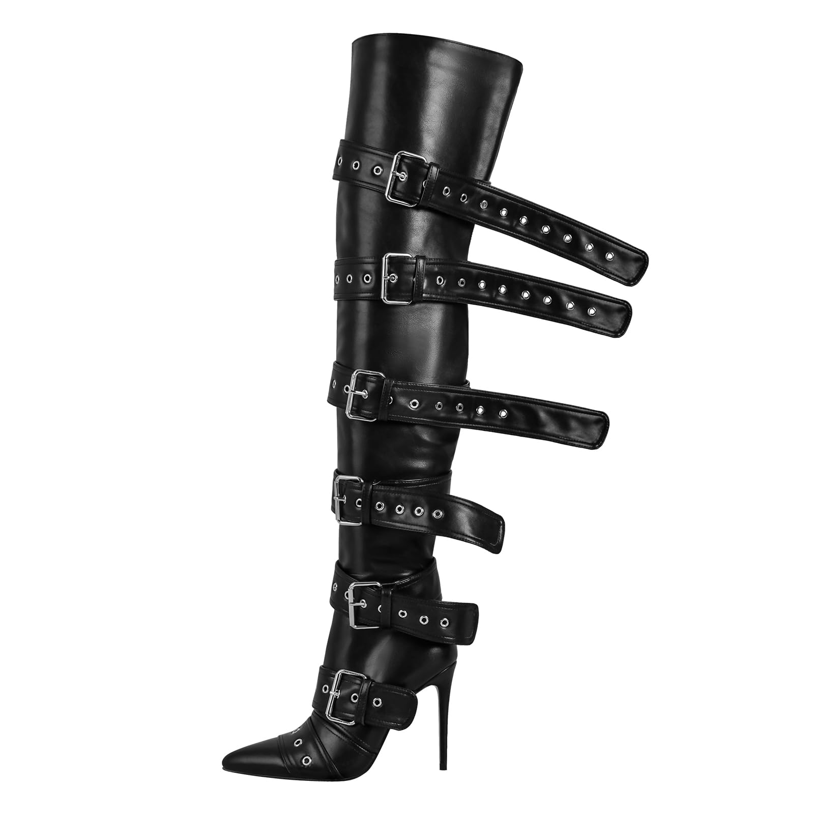 onlymakerheels Multi Buckle Strap Over the Knee Pointed Toe Belts Stiletto Heeled Booty Thigh High Black Size12