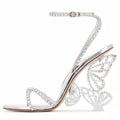 Longwenxuan Glitter Rhinestone Furry Lace Up Butterfly Stilletos Heels Sandals for Women,Women's Open Pointed High Heels Strappy Sandals Adjustable Ankle Strap Buckles Elegant Wedding Sandals Dress