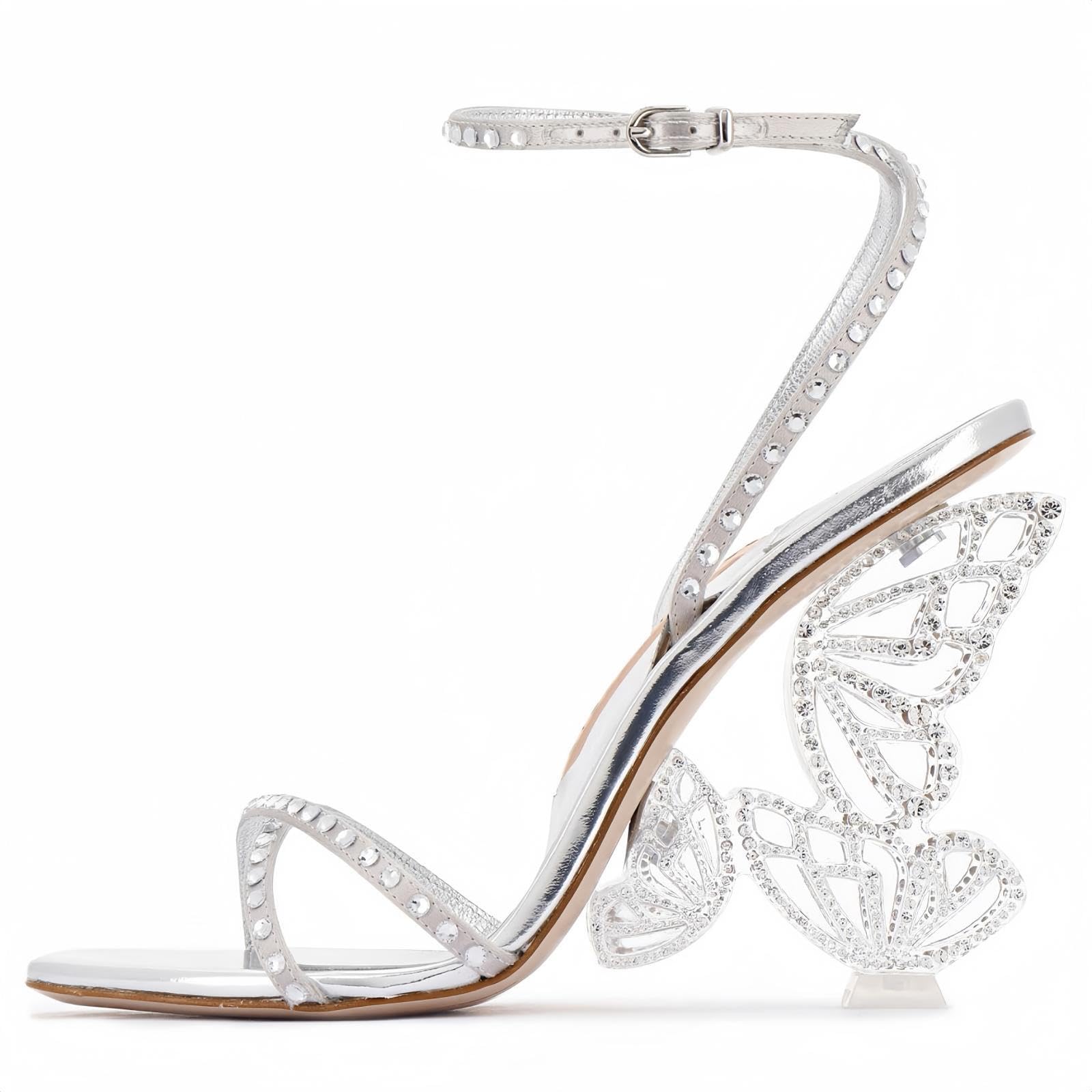 Longwenxuan Glitter Rhinestone Furry Lace Up Butterfly Stilletos Heels Sandals for Women,Women's Open Pointed High Heels Strappy Sandals Adjustable Ankle Strap Buckles Elegant Wedding Sandals Dress