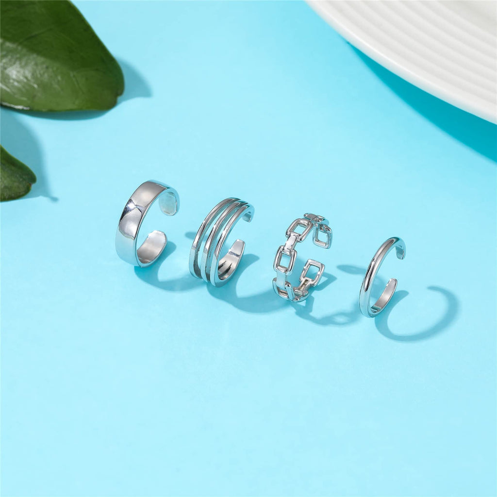 PWUEITR 4Pcs/1Set Adjustable Gold Silver Toe Rings for Women Knuckle Tail Ring Simple Summer Beach Open Toe Rings Set Foot Jewelry,silver
