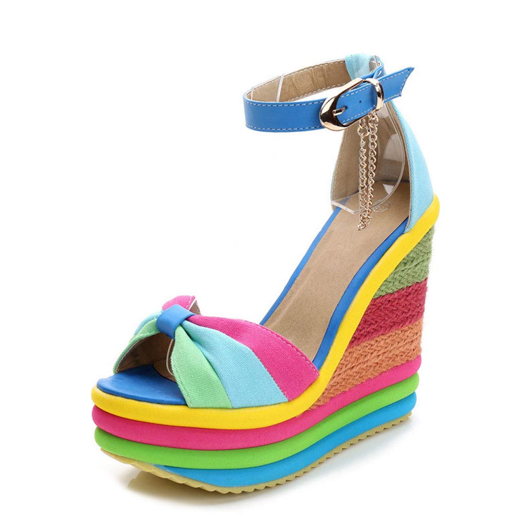 SaraIris Sandals for Women Gladiator Ankle Strap High Heel Platform Shoes Wedge Rainbow Sandals for Women Blue