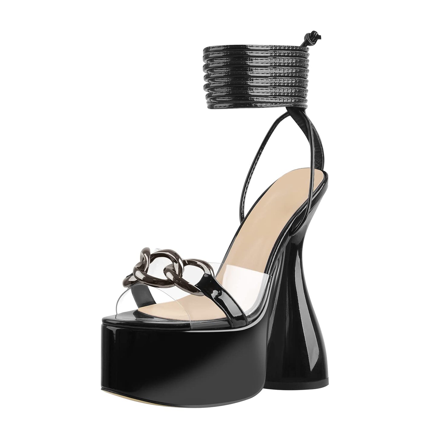 LISHAN Women's Clear Gladiator Heeled Sandals Round Toe Lace Up Chunky High Heels Platform Sandals PVC Chain Ankle Wrap Block Heels Transparent Faux Patent Leather Nightclub Party Shoes Black Size 14