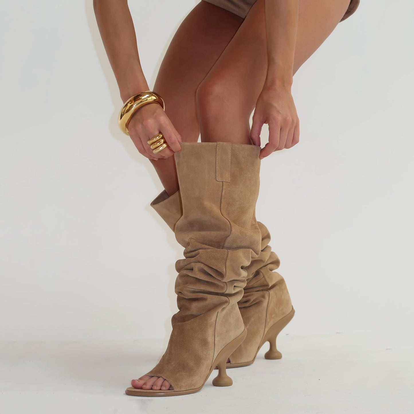 Kapxumo Women's Suede Knee High Boots Open Square Toe Pull On Slouchy Under the Knee Boots Wedge Heel Wide Calf Boots Fashion Dress Party Camel Boot