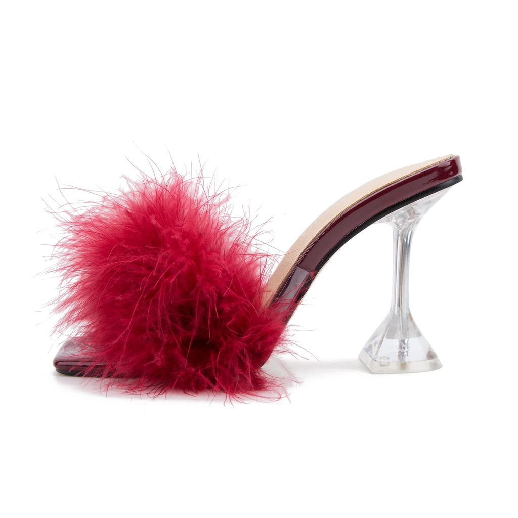 LIURUIJIA Feather High Heel Mules Sandals for Women Slip On Square Toe Clear Tapered Chunky Heels Fuzzy Fluffy Bridal Wedding Party Sexy Shoes Wine Red