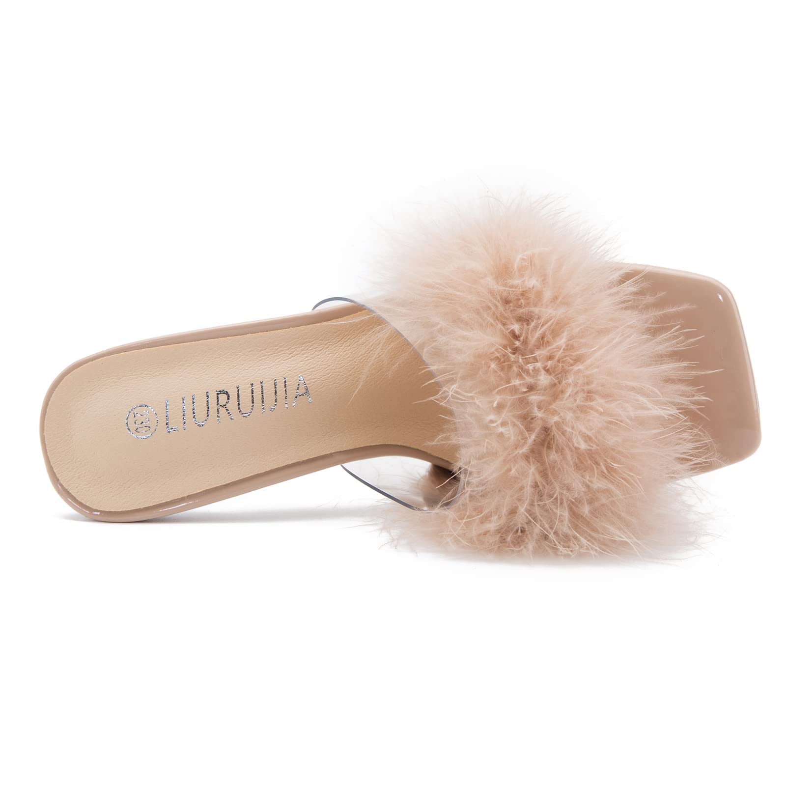 LIURUIJIA Feather High Heel Mules Sandals for Women Slip On Square Toe Clear Tapered Chunky Heels Fuzzy Fluffy Bridal Wedding Party Sexy Shoes Nude