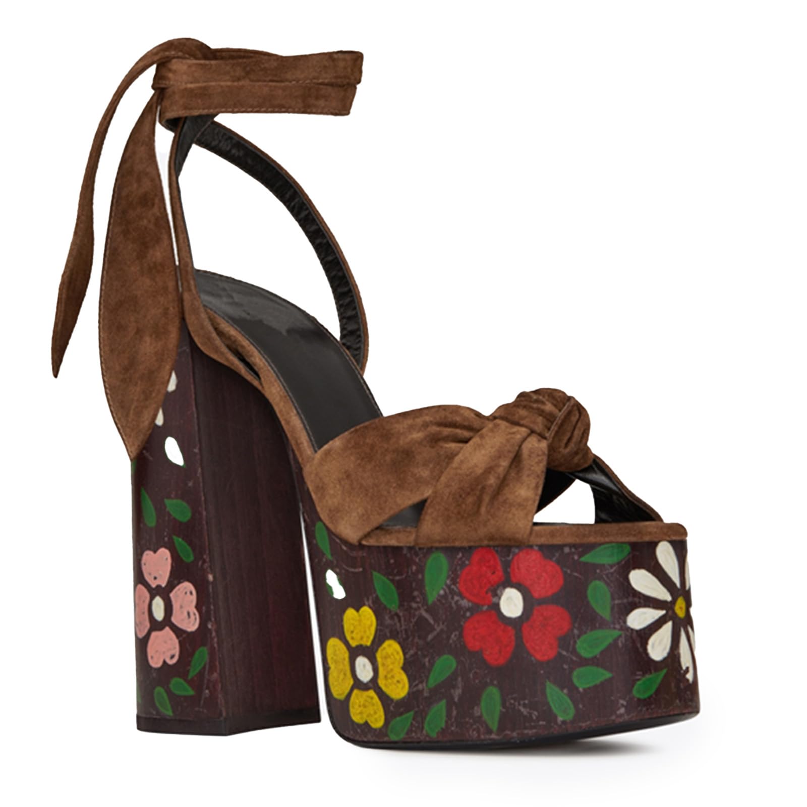 Fuazuzu Platform Strappy Heels Sandals for Women, Chunky Heel Round Peep Toe Ankle Strap Sandals for Prom Wedding Date Night Dressy Party Shoes, Floral Brown 8