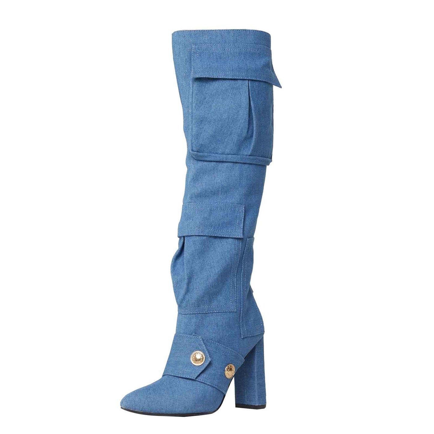 Arqa Women's Camo Knee High Boots Pointed Toe Block Heel Camouflage Boot with Metal Buttons Multiple Pockets Boot