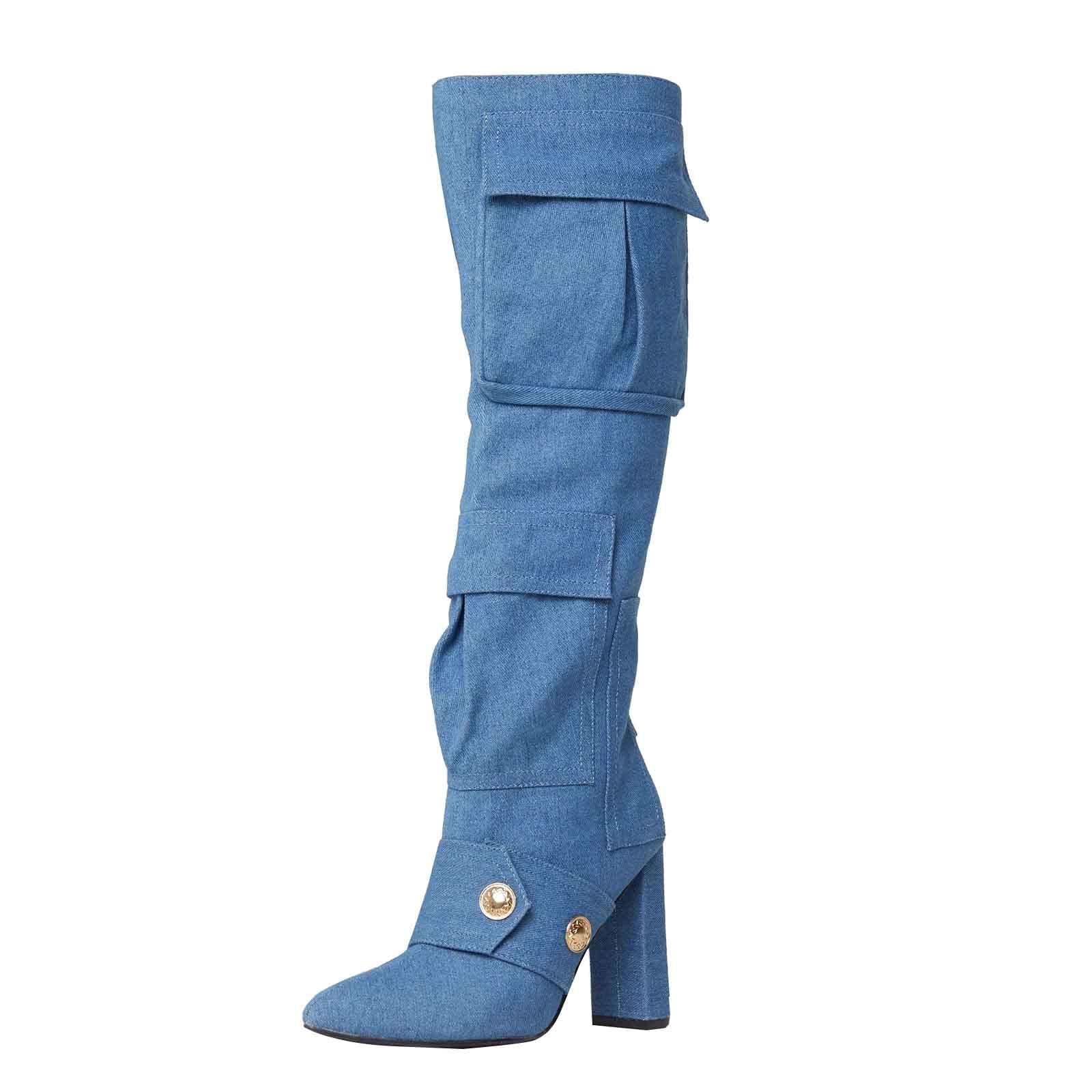 Arqa Women's Camo Knee High Boots Pointed Toe Block Heel Camouflage Boot with Metal Buttons Multiple Pockets Boot