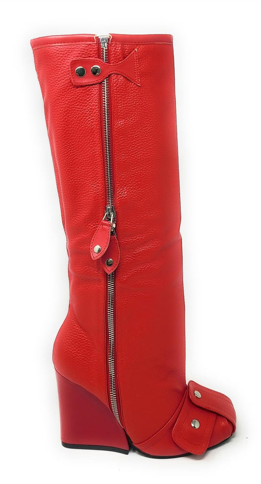 LEMONADE Women's Buckle Detail Square Toe Wedge Heel Knee High Long Boot﻿ Senna Red 7.5n
