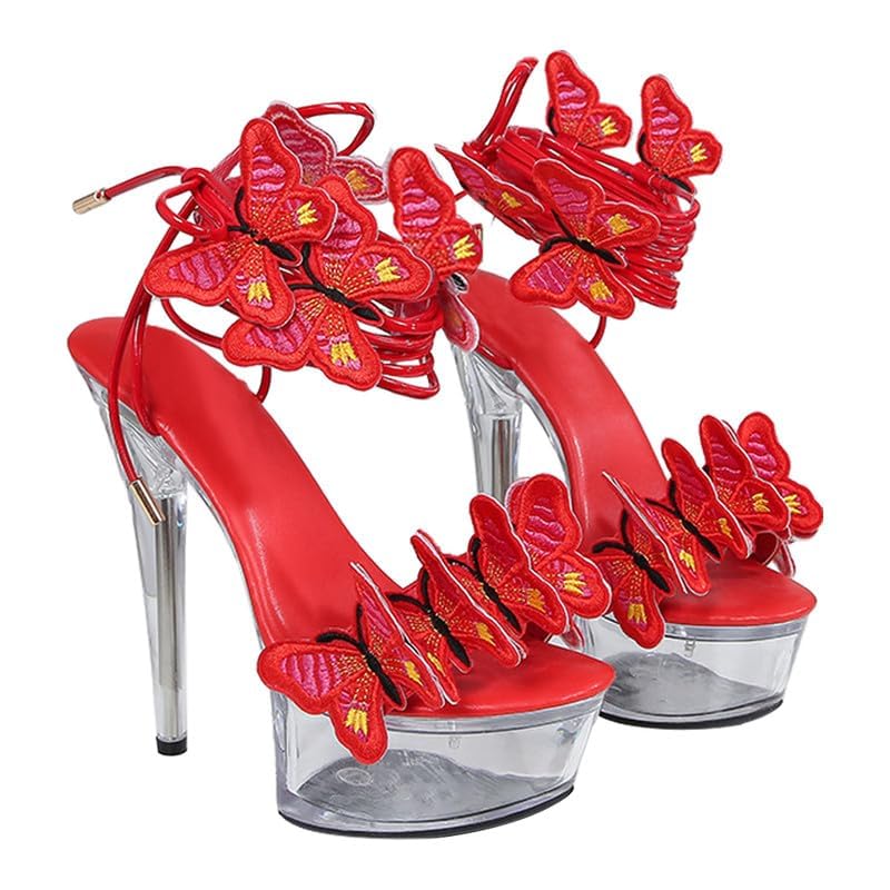 Women Strappy High Heel Sandals Lace Up Platform Sparkly Butterfly Stiletto High Heel Open Toe Suede Ankle Wrap Shoes (Red