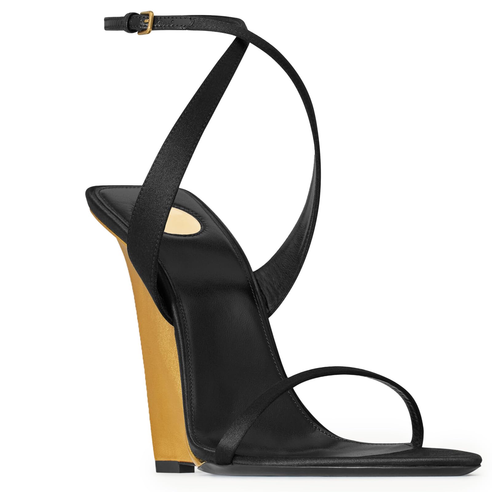 CAGLGLZ Wedge Sandals for Women Strappy Wedge Heels Pointed Open Toe Heeled Sandals Buckle Ankle Strap Heels Sexy Wedding Dress Heels Shoes(black gold,9)