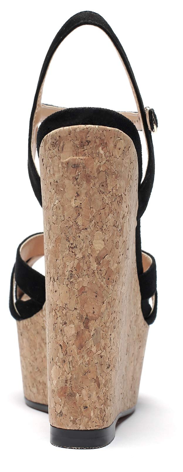 YODEKS High Heels Sandals for Women Wedge Wooden Heel Platform Open Toe Ankle Strap Fashion Comfort Black Suede Sandals