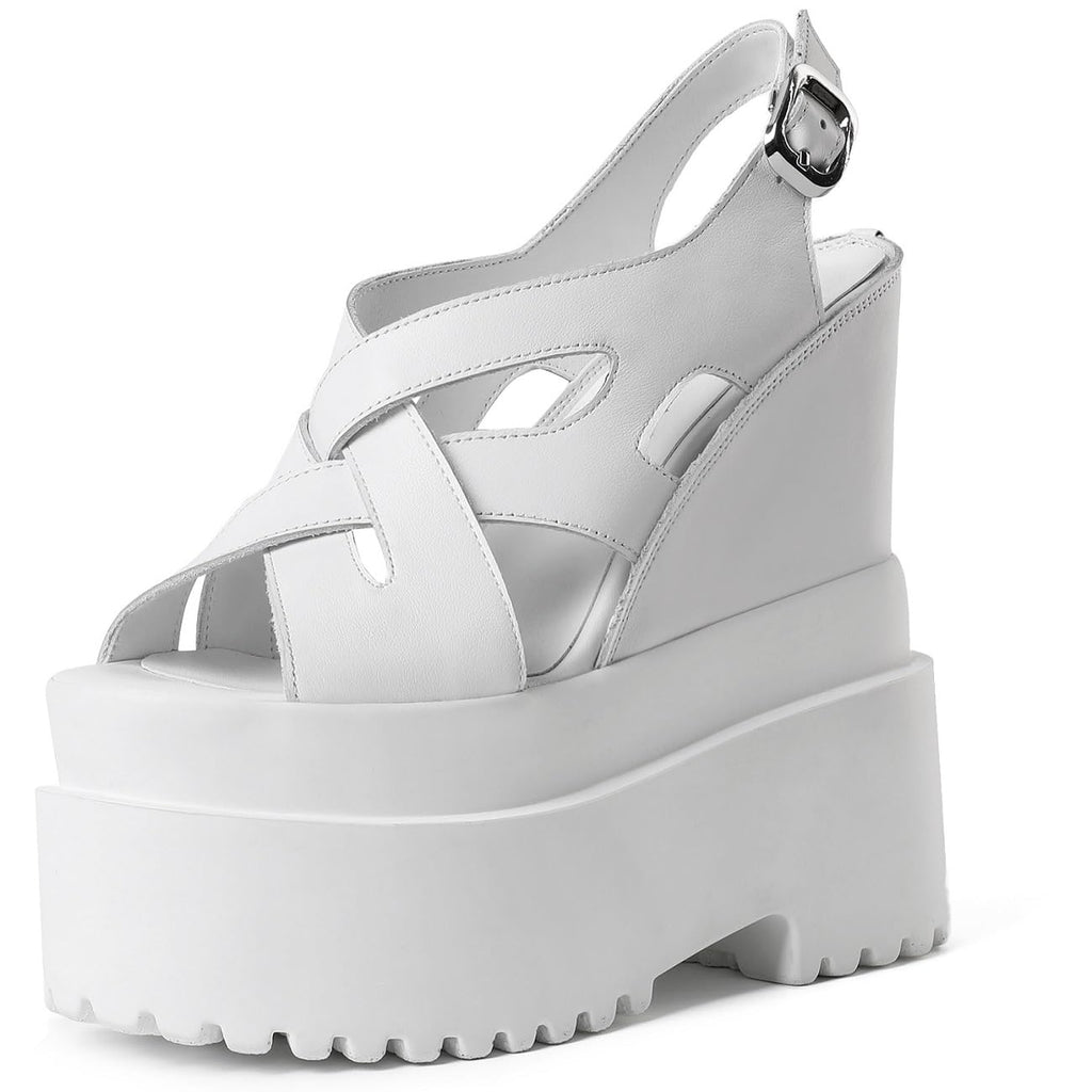 Loonglue Summer New Retro Super High Wedges Heels Platform Peep Toe Cross-tied Buckle Strap Genuine Leather Women Gladiator Sandals 240306