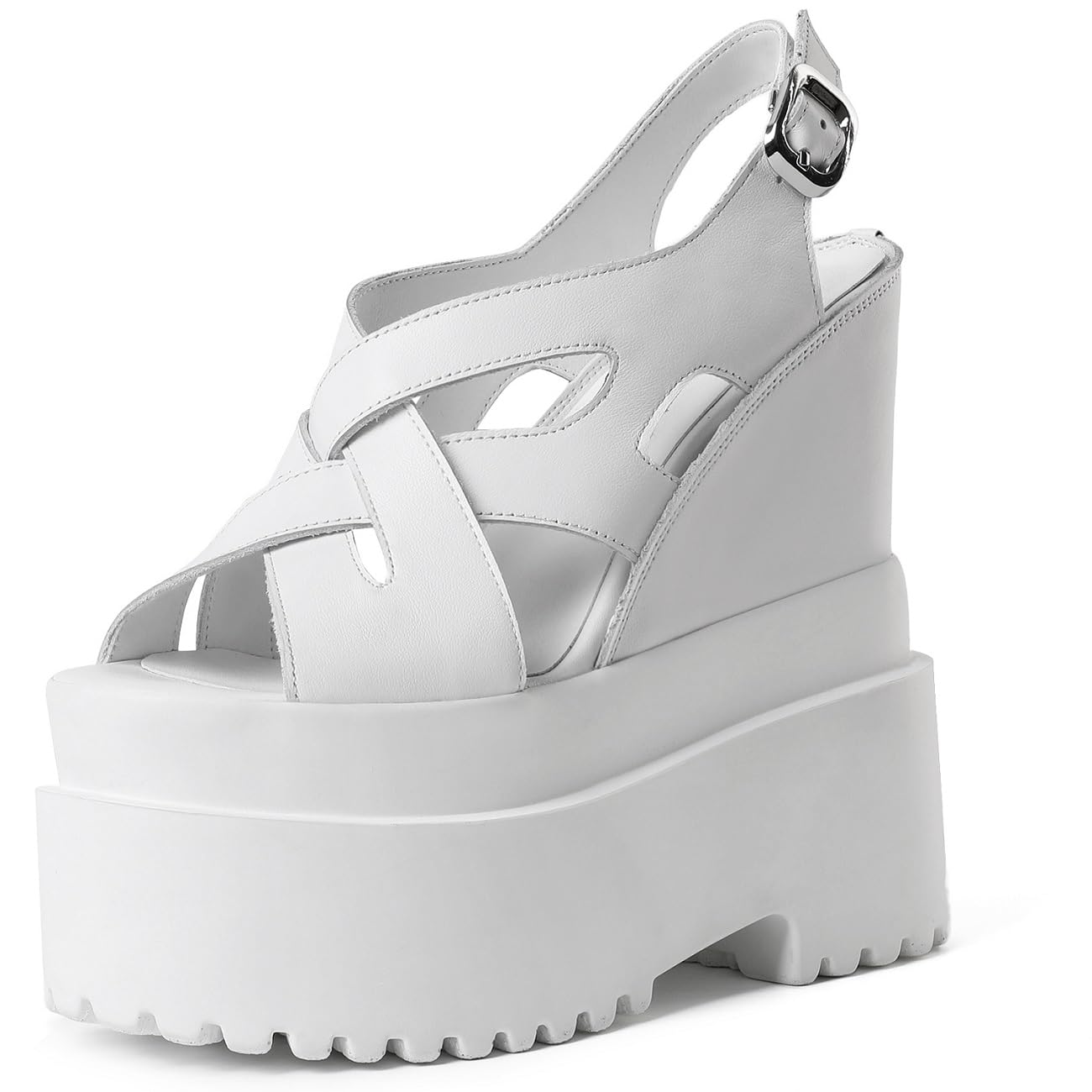 Loonglue Summer New Retro Super High Wedges Heels Platform Peep Toe Cross-tied Buckle Strap Genuine Leather Women Gladiator Sandals 240306