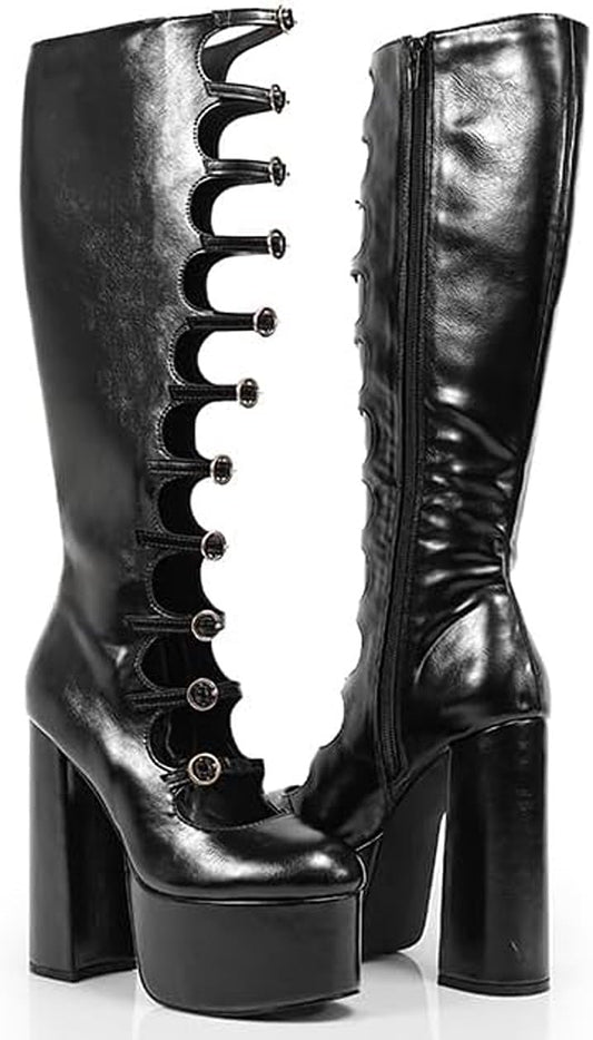 Liliana Platform Knee High Boots, Multi Buckle Design, Cut Out Details, 5 Inch Block Heel, Black (Black, US Footwear Size System, Adult, Women, Numeric, Medium, 7)