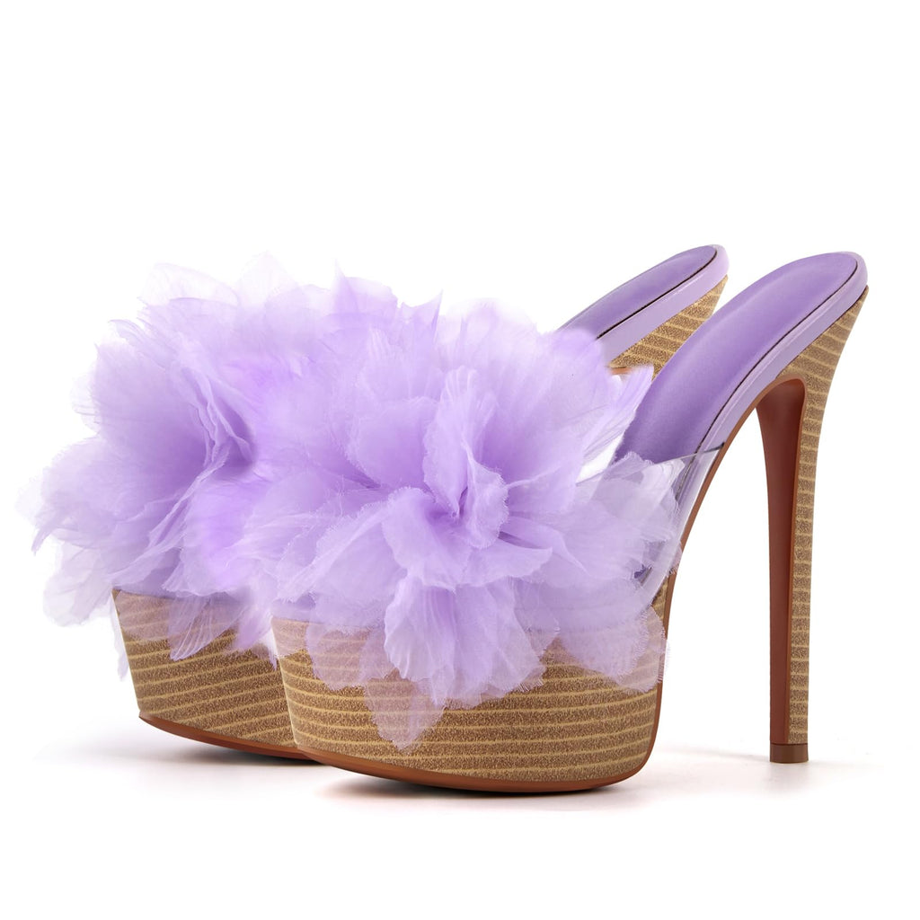 Rhineshell Women's Flower Stilettos High Heels Platform Slides Sandal Round Open Toe Slip On Slim Heeled Sandal Clear Upper Party Prom Shoes Purple Size 11