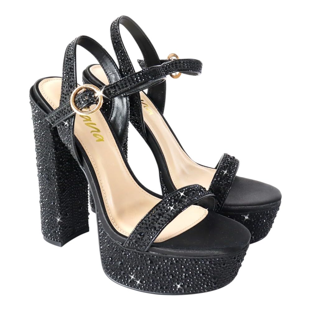 Liliana Womens Rhinestones Ankle Strap Chunky High Heels Sandals Fabiosa Black