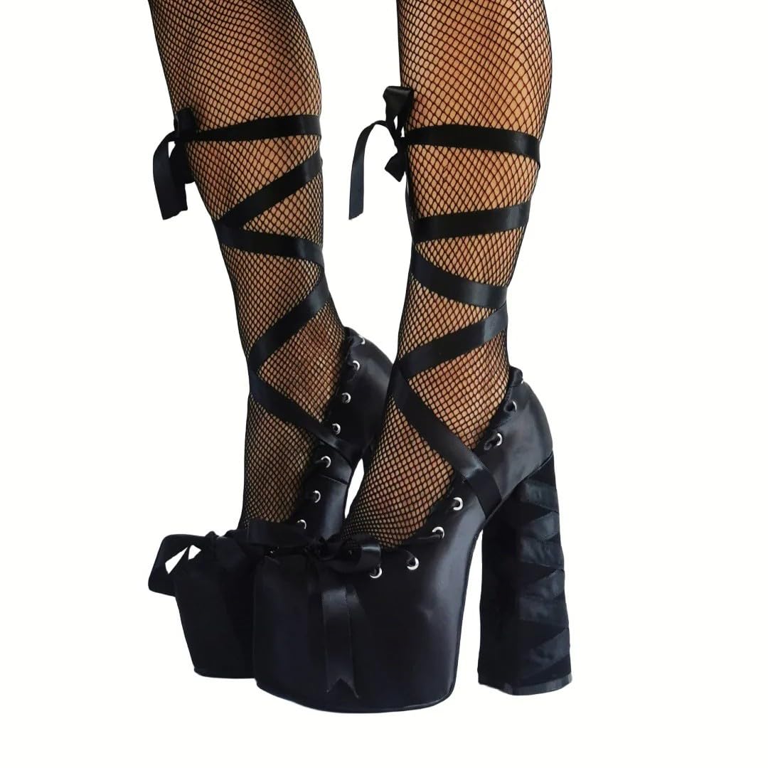 onlymakerheels Bow Lolita Platform Ankle Strap Lace-up Chunky Heel Ribbon Pumps Black A