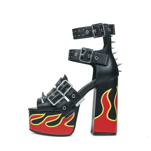 HiColor Women's Red Flames Printed Straps Open-toed Rivets Ankle Sandals.Platforms Thick-soled Bold High Heels Studs Sandals.