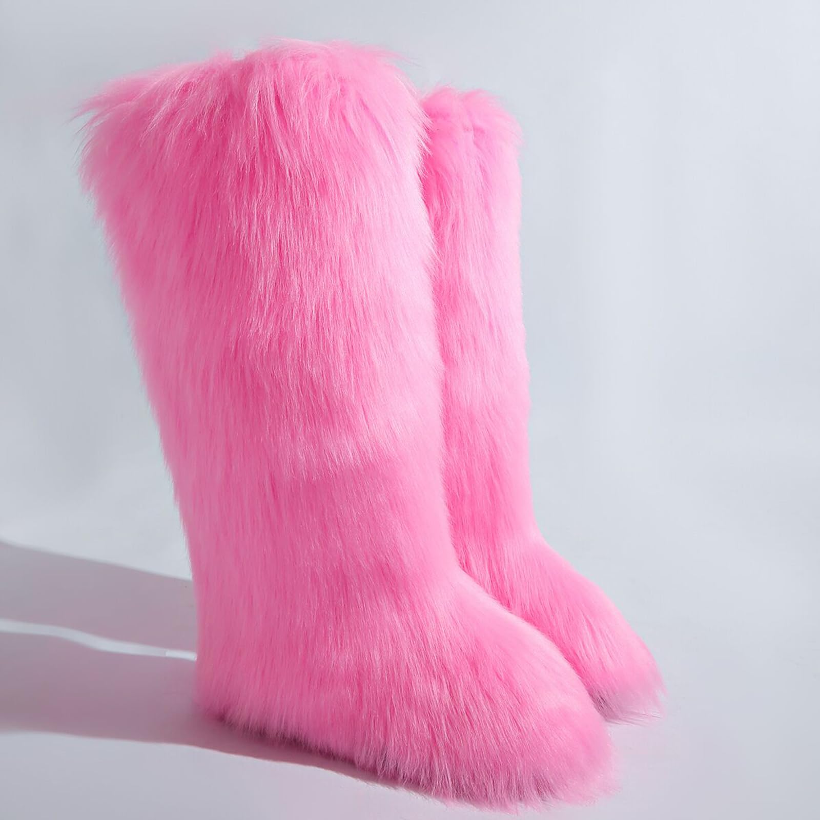 Valpeak Womens Faux Fur Boot Winter Fluffy Long Furry Boots for Girls Outdoor Fuzzy Knee-High Boots Pink