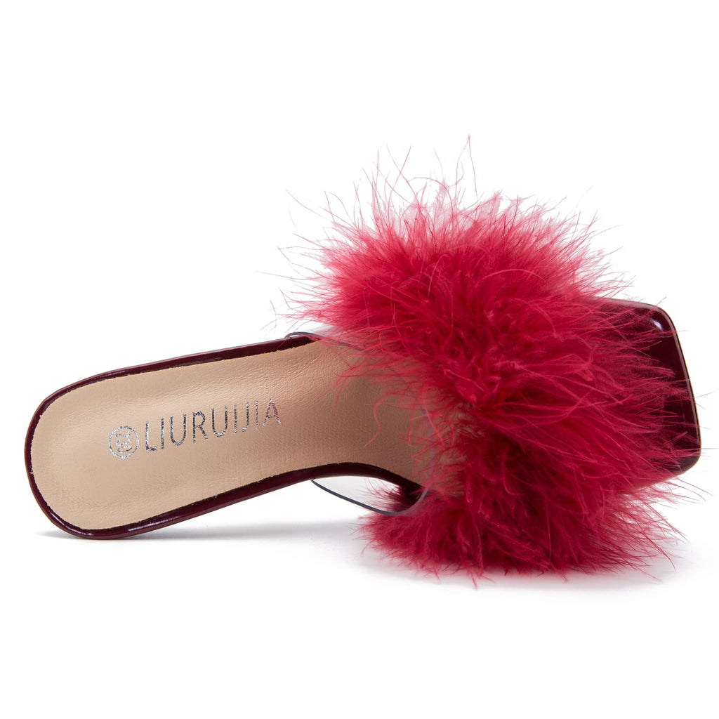 LIURUIJIA Feather High Heel Mules Sandals for Women Slip On Square Toe Clear Tapered Chunky Heels Fuzzy Fluffy Bridal Wedding Party Sexy Shoes Wine Red