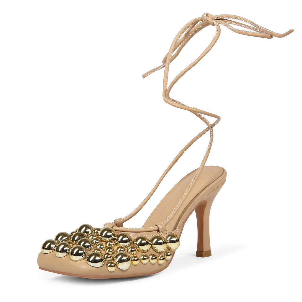 Saint Leia Women's 4IN High Heel Sandals Nude Stiletto Pumps with Gold Silver Pearls Heels for Weddings Parties and Evening Wear (Nude Gold,