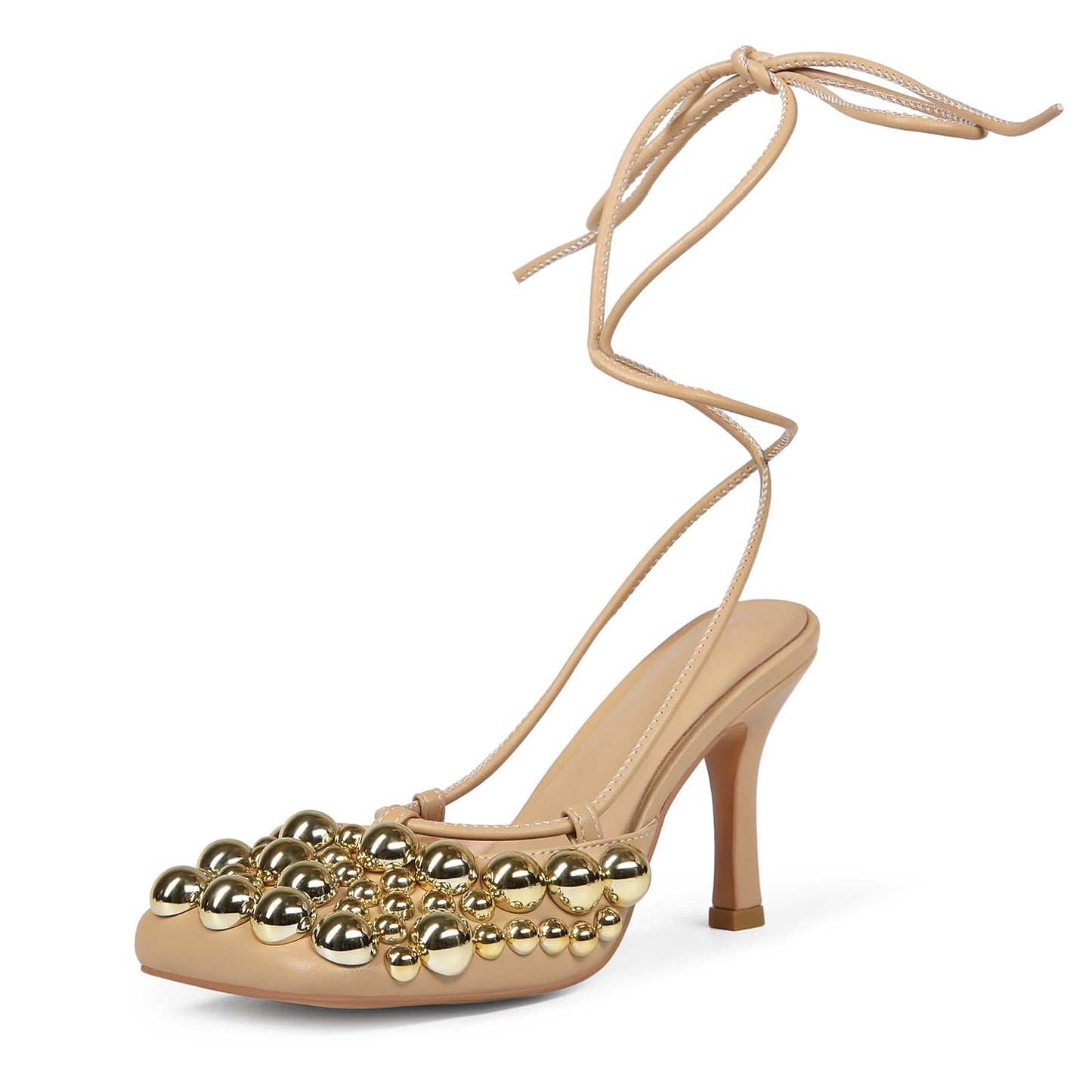 Saint Leia Women's 4IN High Heel Sandals Nude Stiletto Pumps with Gold Silver Pearls Heels for Weddings Parties and Evening Wear (Nude Gold,