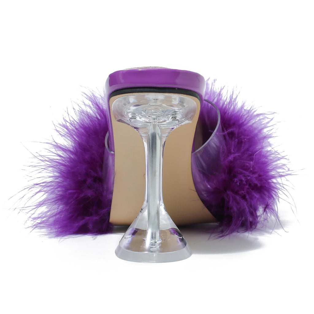 LIURUIJIA Women's Square Toe Feather Fluffy Fuzzy Heels High Heeled Dress Sandals Wedding Bridal Party Shoes Purple