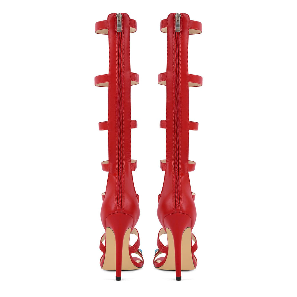 MissHeel Knee High Strappy Heel for Women Red Knee-High Gladiator-Heels Turquoise High-Heel Sandals with Jewelry Size 5