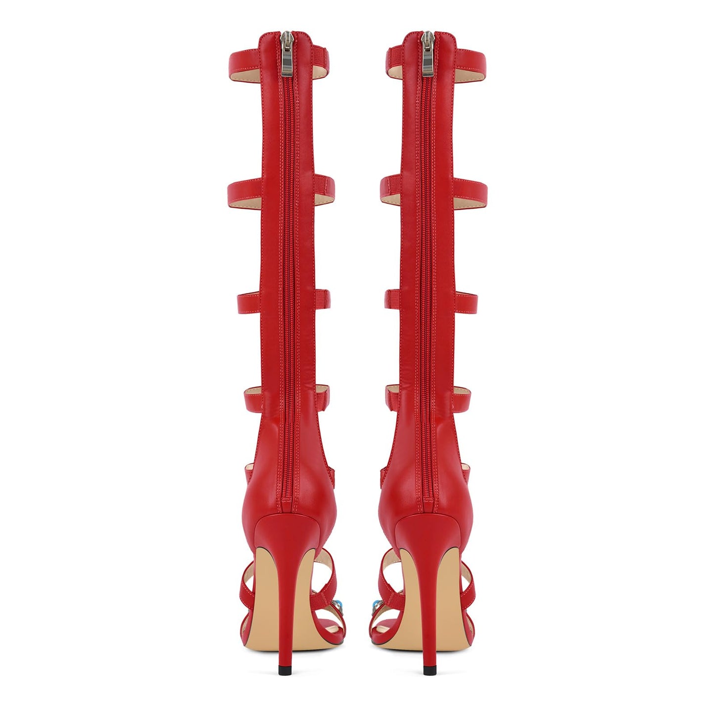 MissHeel Knee High Strappy Heel for Women Red Knee-High Gladiator-Heels Turquoise High-Heel Sandals with Jewelry Size 5