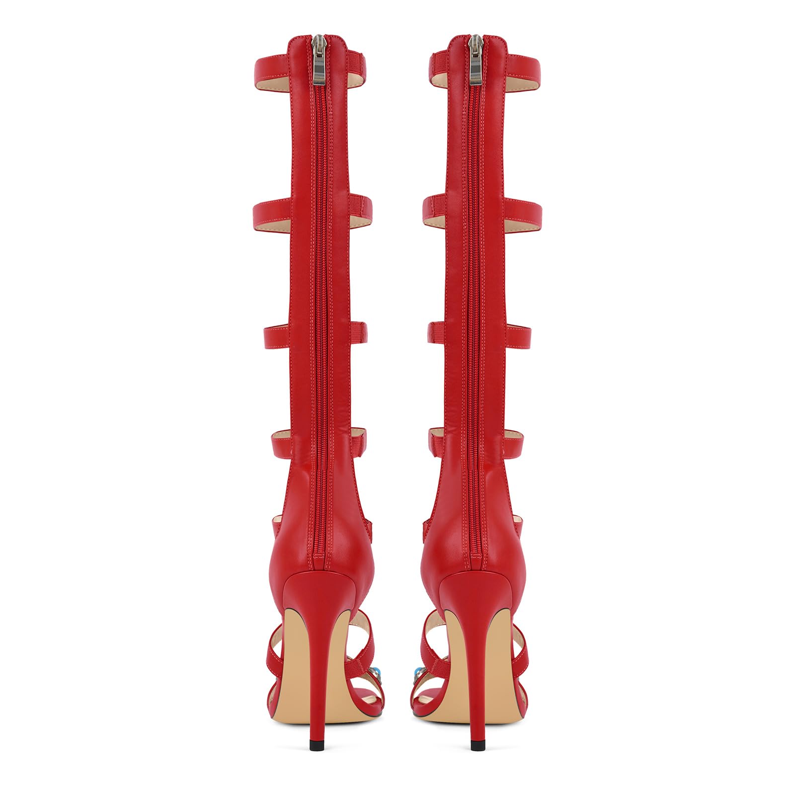 MissHeel Knee High Strappy Heel for Women Red Knee-High Gladiator-Heels Turquoise High-Heel Sandals with Jewelry Size 5